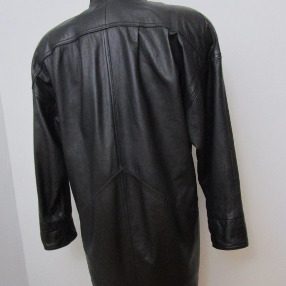 Fierce Black Leather 80s Duster Coat Oversized Wedge Korea Outerwear - Picture 11 of 12